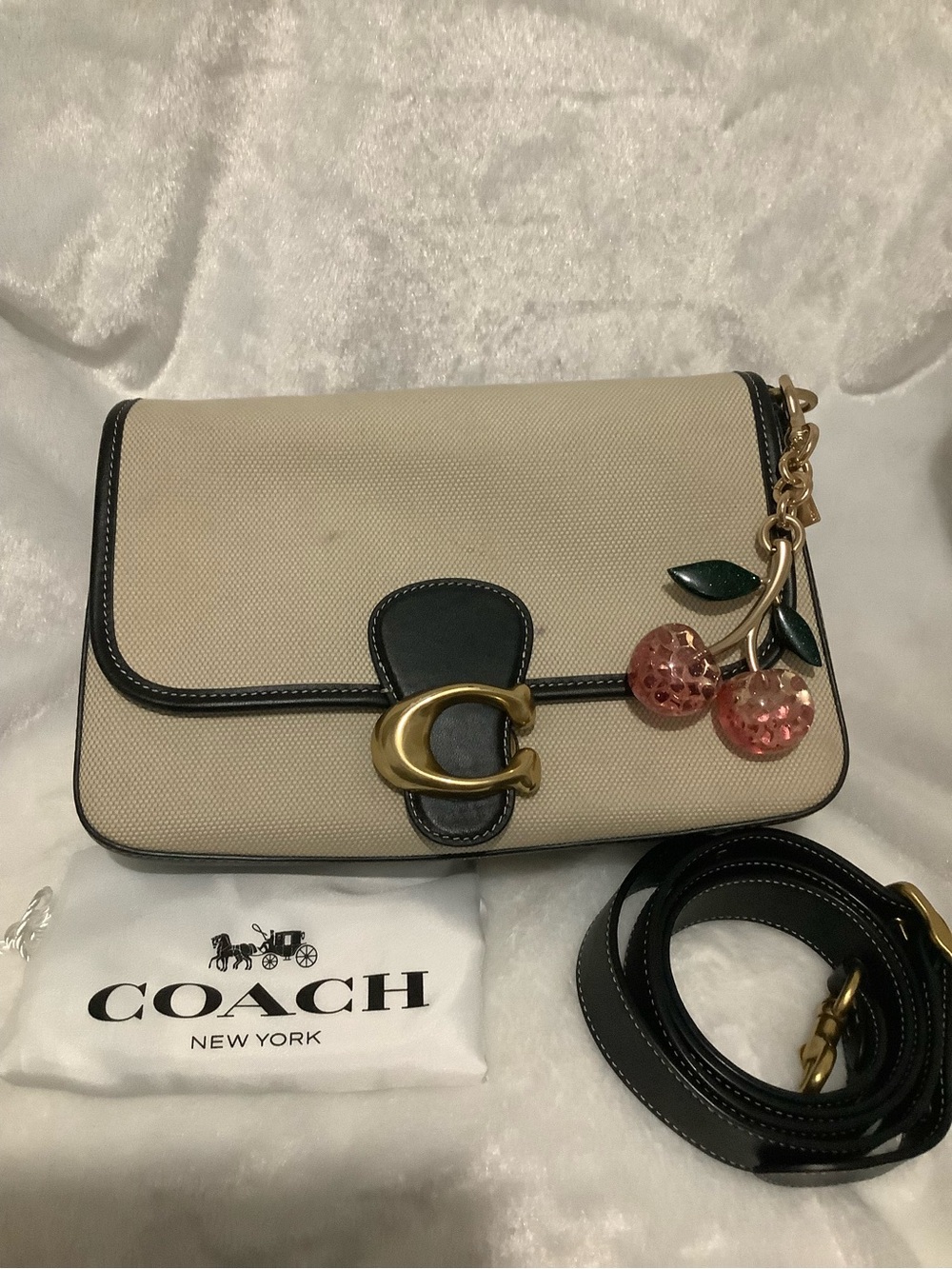 Coach Cream Canvas Crossbody with Black Trim and Cherry Charm